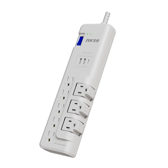 Protector tensión 1625W/2700J, 8 slds, 3-Giratorias, 2-USBA, 1-USBC, 120V/240V
