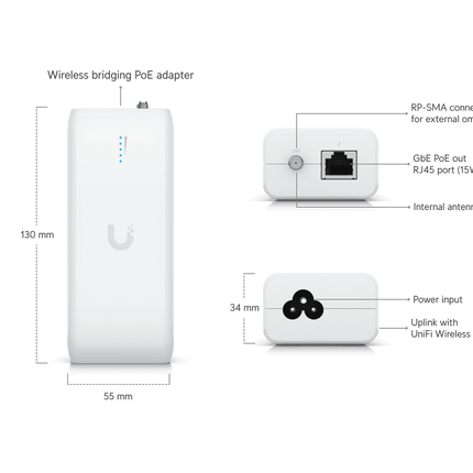 Adaptador PoE de puente inalámbrico plug-and-play con UniFi WiFi Auto-Link integrado.