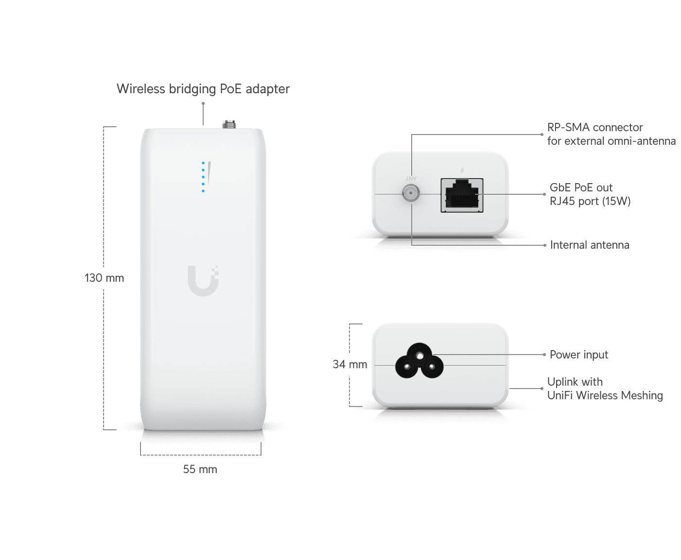 Adaptador PoE de puente inalámbrico plug-and-play con UniFi WiFi Auto-Link integrado.
