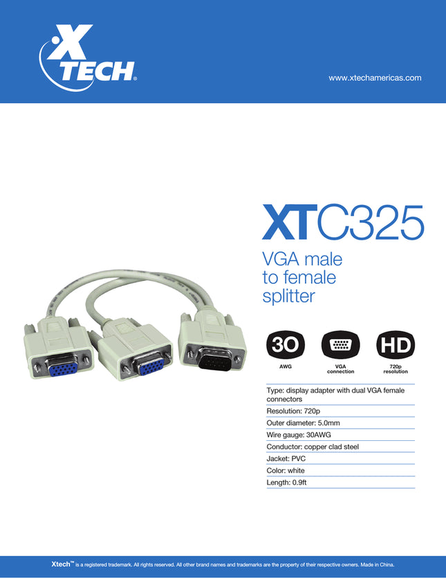 ADAPTADOR  VGA cable - VGA (Male) Spliter XTC-325 XTECH