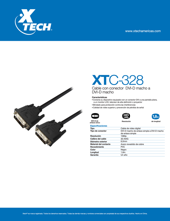 Cable de Vídeo XTC-328 - DVI-D macho a DVI-D macho Xtech