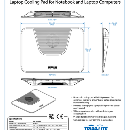 Base de Enfriamiento para laptop Hasta 16” NC2003BP Tripp Lite