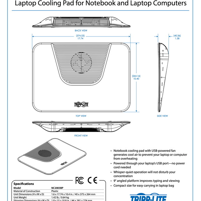 Base de Enfriamiento para laptop Hasta 16” NC2003BP Tripp Lite