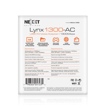 Adaptador Inalámbrico  Lynx1300-AC USB 3.0 Doble banda MU MIMO 1300Mbps NEXXT NCU-L1300