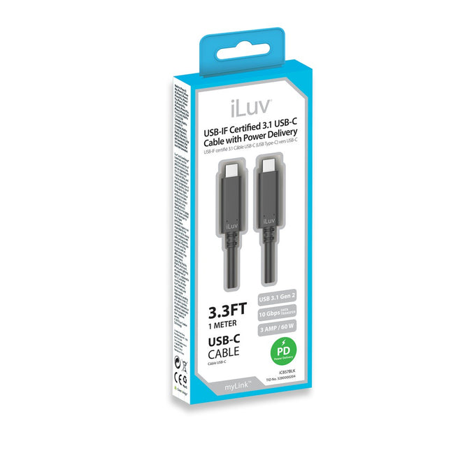 Cable usbc-usbc 3.3 Ft. DATOS y CARGA Cable Negro ILUV  ICB57BLK