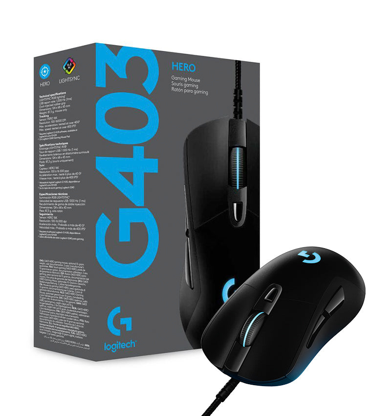 MOUSE GAMING G403 BLACK SENSOR HERO 16K RGB LIGHTSYNC G-HUB AJUSTE DE PESO LOGITECH
