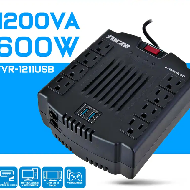Regulador Automático 600W, 8 slds, 2 USB-120V FVR-1211USB FORZA