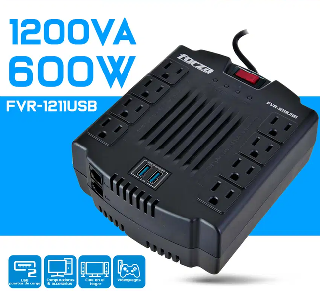 Regulador Automático 600W, 8 slds, 2 USB-120V FVR-1211USB FORZA